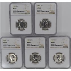 ( 5 ) 1964 WASHINGTON QTR NGC MS65