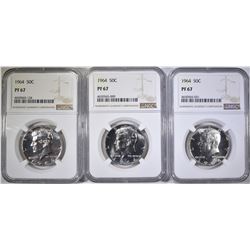 3-1964 KENNEDY HALF DOLLARS, NGC PF-67