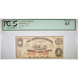 1863 25 CENT STATE OF ALABAMA PCGS 63