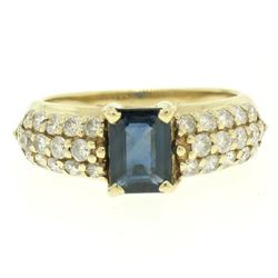 14k Yellow Gold 2.20 ctw Emerald Cut Dark Blue Sapphire & Diamond Encrusted Ring