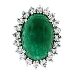 18K White Gold 17.38 ctw GIA Large Cabochon Emerald & Diamond Oval Cocktail Ring