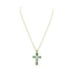 5.45 ctw Emerald and Diamond Pendant with Chain - 14KT Yellow And White Gold