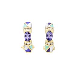 0.75 ctw Tanzanite, Diamond, and Inlaid Gemstone Earrings - 14KT Yellow Gold