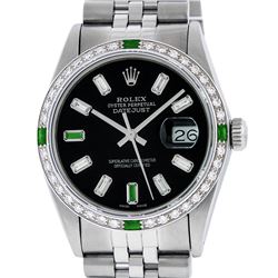 Rolex Mens Stainless Steel Black Baguette Diamond 36MM Datejust Wristwatch