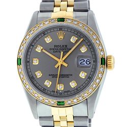 Rolex Mens 2 Tone 14K Slate Grey & Emerald Diamond Datejust Wriswatch