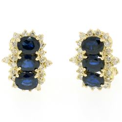 14k Yellow Gold 2.80 ctw Oval Sapphire Round Diamond Cluster Omega Back Earrings