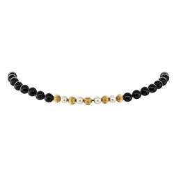 Onyx, Gold, and Pearl Bead Necklace - 14KT Yellow Gold