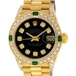 Rolex Ladies 18K Yellow Gold Black Diamond And Emerald President Wristwatch With