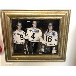 TRIPLE SIGNED HOCKEY FRAMED HOCKEY PHOTO (GORDIE HOWE/ JEAN BELIVEAU/ BOBBY HULL) PSA COA