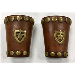 Pair Leather Wrist Cuffs With Brass Studs & Shield