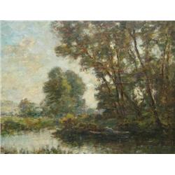 Barbizon School  Figure in Punt on a River