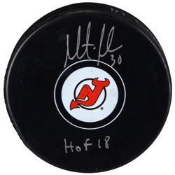 Martin Brodeur Signed Devils Logo Hockey Puck Inscribed "HOF 18" (Fanatics Hologram)
