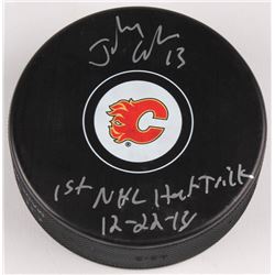 Johnny Gaudreau Signed Calgary Flames Signed Logo Hockey Puck Inscribed "1st NHL Hat Trick 12-22-14"