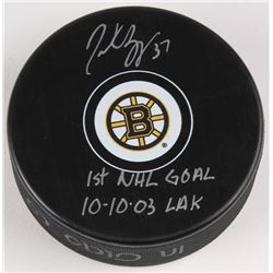 Patrice Bergeron Signed Boston Bruins Logo Hockey Puck Inscribed "1st NHL Goal 10-10-03"  "LAK" (Ber