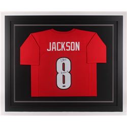 Lamar Jackson Signed 35.5x43.5 Custom Framed Jersey Inscribed "Heisman 16" (Radtke COA)