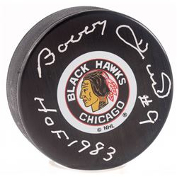 Bobby Hull Signed Chicago Blackhawks Logo Hockey Puck Inscribed "HOF 1983" (JSA COA)