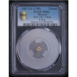 AM1216 (1788) India - Mysore Gold Fanam (0.38g) Patan Mint KM-128.1 (PCGS Gold Shield MS62)