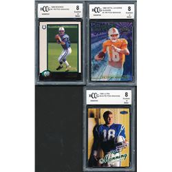 Lot of (3) BCCG Graded 8 Peyton Manning Football Cards with 1998 Bowman #1 RC, 1998 Metal Universe #