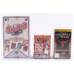 Lot of (3) Card Sets with 1991 Upper Deck Baseball Box, 2018-19 Panini Hoops Basketball Box  2011 Un