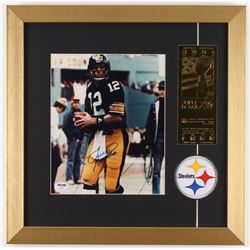 Terry Bradshaw Signed Pittsburgh Steelers 16x16 Custom Framed Photo Display with 23 KT Gold Ticket  