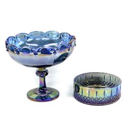 2 Pieces Iridescent Peacock Blue Carnival Glass