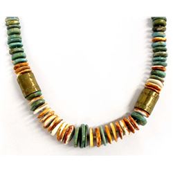 Large Turquoise, Red Shell, & Brass Bead Necklace