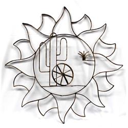 Large Metal Art Sun, Cactus, Wagonwheel Sculpture
