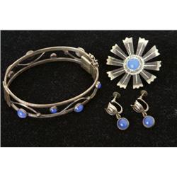 Brosch, 1 par örhängen och armband, silver, stämp