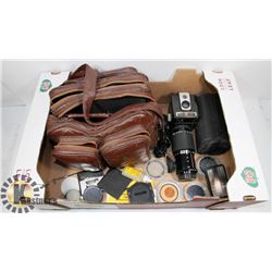 LARGE FLAT OF VINTAGE CAMERA GEAR INCLUDES LENS,