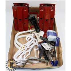 FLAT OF CLAMPS, SHELF BRACKETS, HOOKS AND MORE