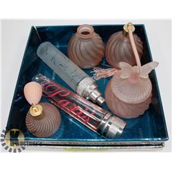 PINK GLASS PERFUME ATOMIZERS AND TWO WOMENS