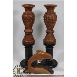 SET OF 2 INDONESIAN WOOD CANDLESTICKS, PLUMWOOD
