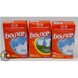 BAG OF THREE BOXES OF BOUNCE DRYER SHEETS