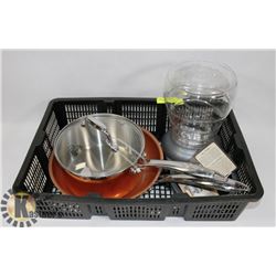 FLAT WITH POT, PAN AND PET WATERER.