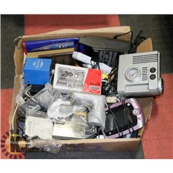 BOX OF TOOLS, MISC AND ELECTRONICS