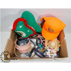 BOX OF ASSORTED DOG ITEMS, POOP BAGS IN HOLDERS,