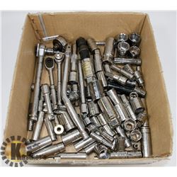 BOX W/ OVER 90 SOCKETS AND SOCKET WRENCHES.