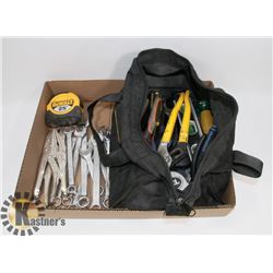 BOX W/ VARIOUS TOOLS AND MEASURING TAPES.