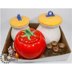 BOX W/ 3 COOKIE JARS AND MORE.