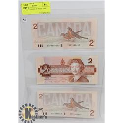 LOT OF 3 CANADA $2 BILLS, 1986