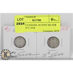 LOT OF 2 CANADA 10 CENT SILVER COINS 1917, 1918