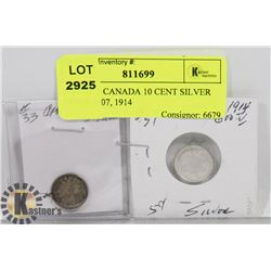 LOT OF 2 CANADA 10 CENT SILVER COINS 1907, 1914