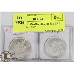 LOT OF 2 CANADA SILVER 50 CENT COINS 1961, 1965
