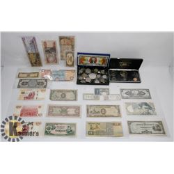 LOT OF ASSORTED WORLD BILLS AND COINS