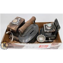 3 COIN BANKS:  2 CAMERAS AND 1 ANTIQUE STYLE IRON