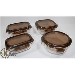 SET OF 4 KOMAX GLASS SNAPLOCK CONTAINERS, MICROWAVE