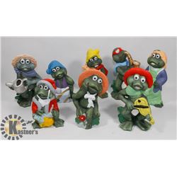 BOX WITH 8 CERAMIC FROG FIGURINES - 7" -8" TALL.