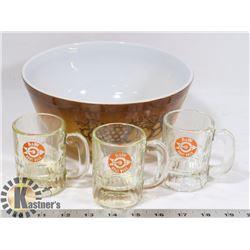 PYREX BOWL WITH 3 A&W COLLECTIBLE MUGS.