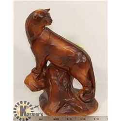 VINTAGE HAND CARVED MOUNTAIN LION SIGNED.