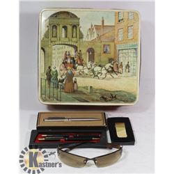 OLD BISCUIT TIN WITH MONEY CLIP, PEN SETS &